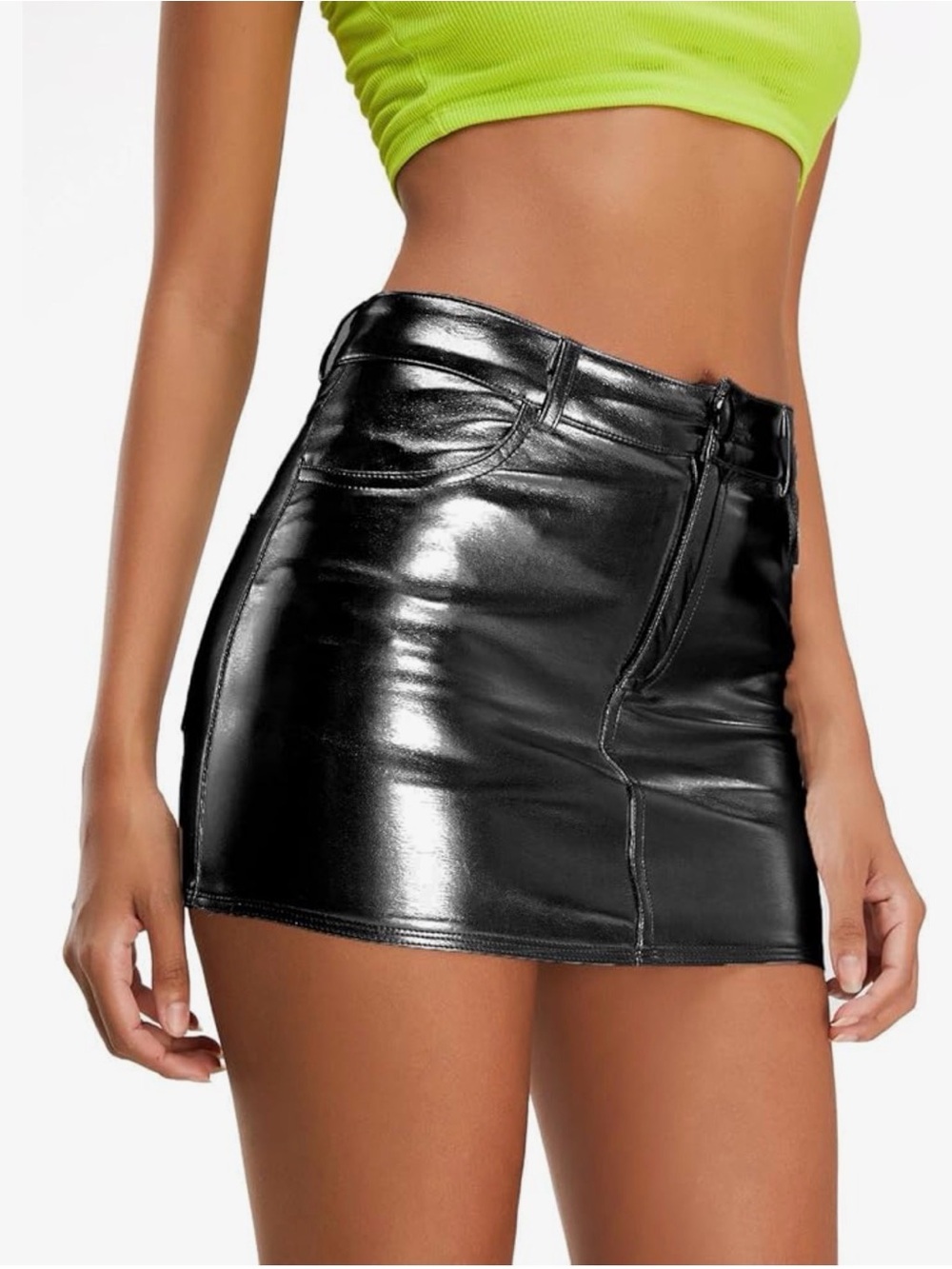 A30 KISIDOO High-Shine Black Faux Leather Mini 2X Skirt NWT